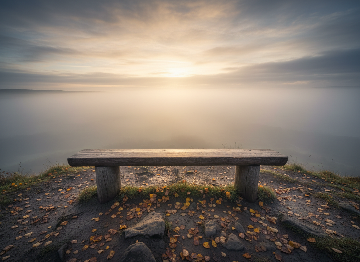 A solitary, weathered wooden bench positioned at the edge of a misty hilltop, overlooking a vast, indistinct valley that fades into soft atmospheric haze. The bench’s grain is richly detailed, with tiny cracks and a subtle sheen from recent rain. Early dawn light breaks through layered clouds, creating a cinematic, diffused glow that silhouettes the bench and gently illuminates the mist. Fallen leaves in muted golds and browns scatter across the ground. Shot at eye level with a wide frame and deep depth of field, the scene feels contemplative and spacious, inviting quiet reflection on theism without symbols, in a sophisticated, restrained, photorealistic style.